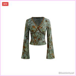 Floral Print Long Bell Sleeve V Neck Lace Trim Crop Top Slim Fit Chic